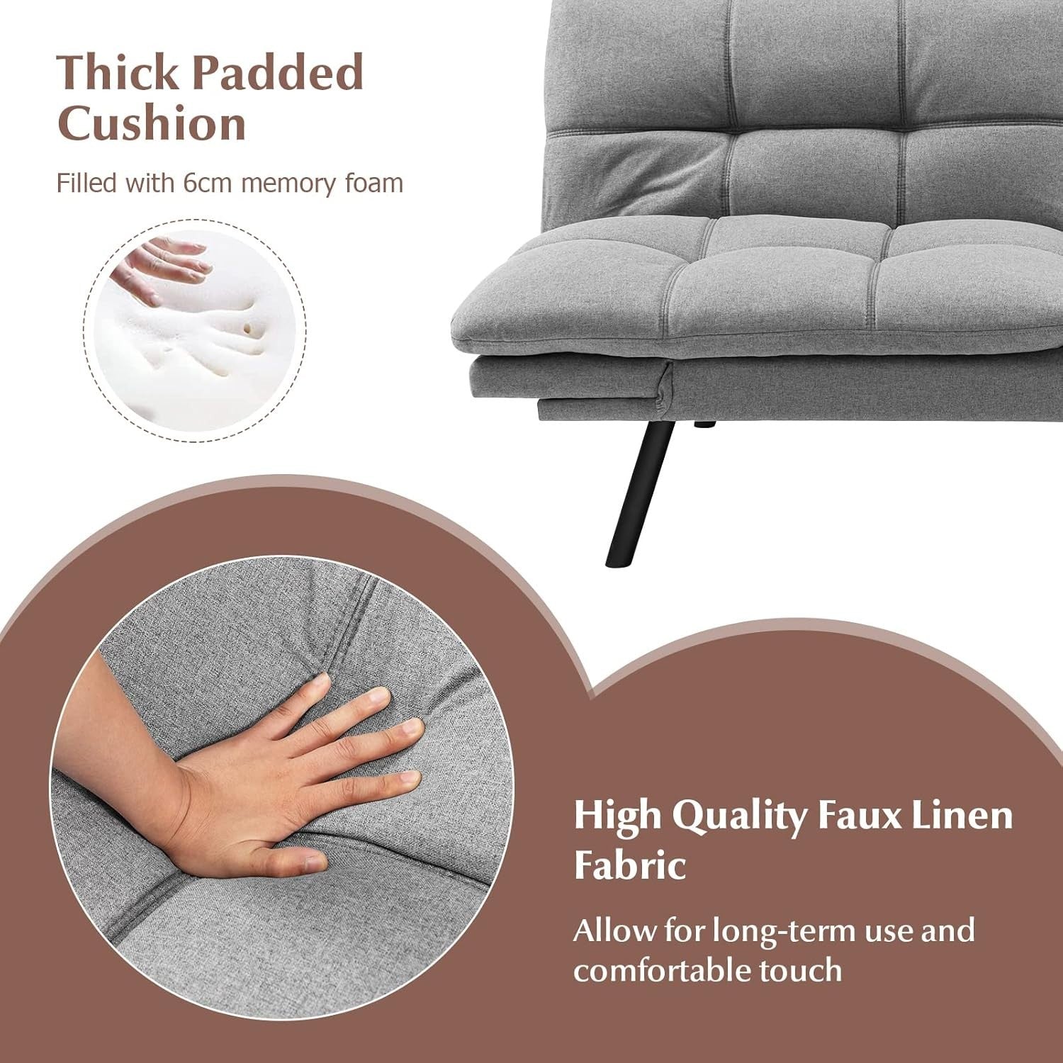 Grey Linen 2/3 Seater Sofa Bed Click Clack Recliner Adjustable Armrests