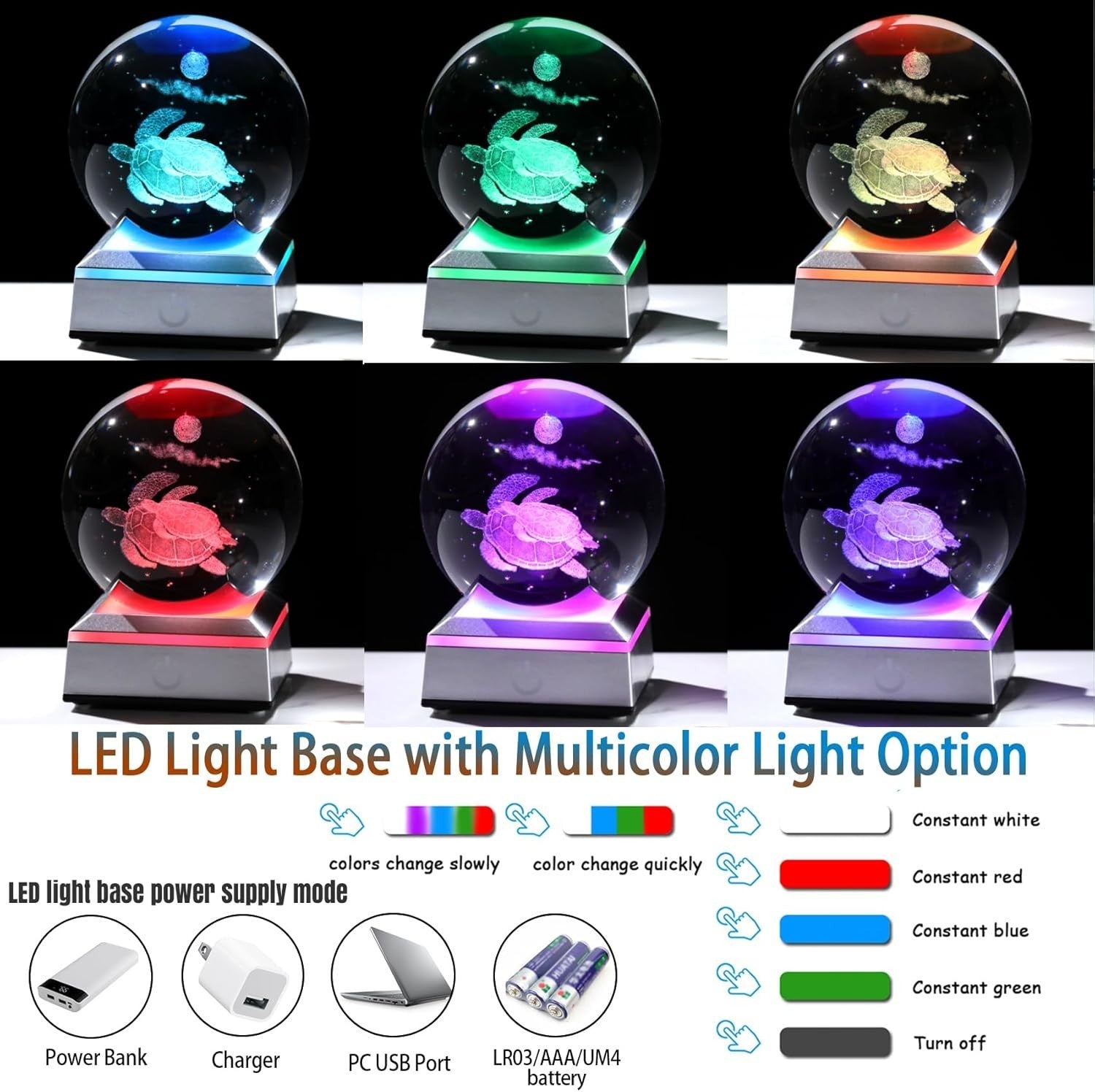 3D Crystal Sea Turtle Ball 8cm LED Light K9 Glass Ornament Gift Home Decor