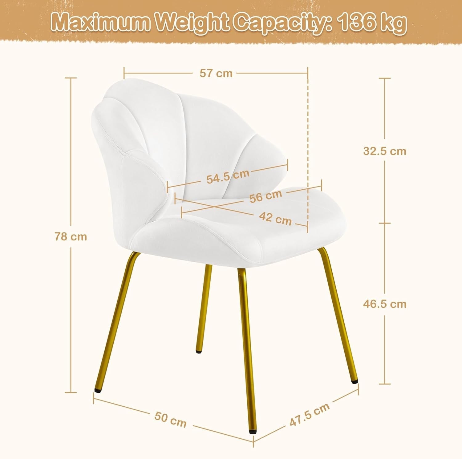 White Velvet Shell Chair Gold Legs Makeup Vanity Seat Bedroom Accent