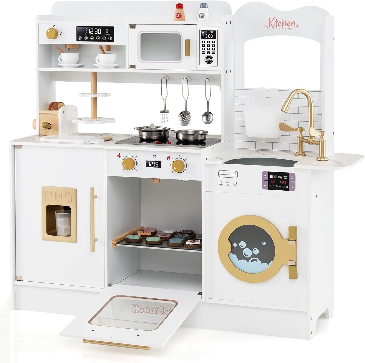 Wooden Toddler Chef Kitchen Set Lights Sounds Ice Maker Toy White