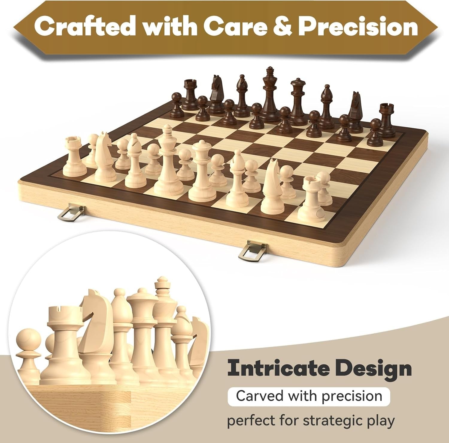 15" Wooden Folding Chess & Checkers Set 2-in-1 Board Game 3" Kings