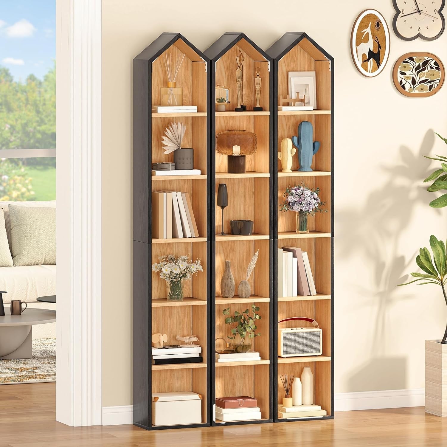 Tall Narrow House-Shaped Bookshelf 6-Tier Corner Storage Unit for Home Office