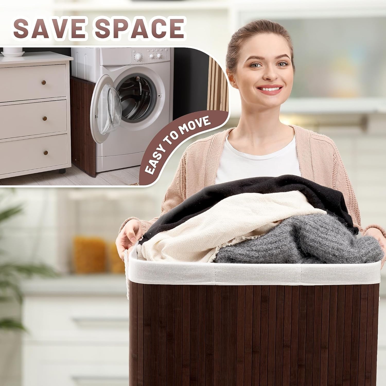 150L Large Bamboo Laundry Hamper 3-Section Basket w/ Lid & Handles | Bedroom Bat