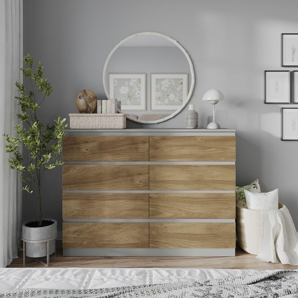 Modern Oak 8 Drawer Chest Storage Unit Grey Wood Dresser Bedroom Cabinet
