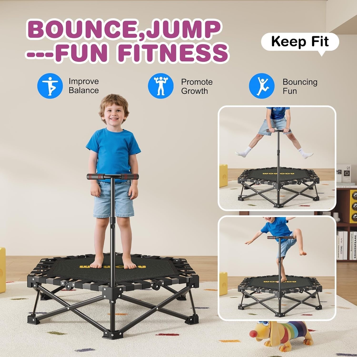 42in Folding Mini Trampoline with Handle Indoor Rebounder Kids Adults