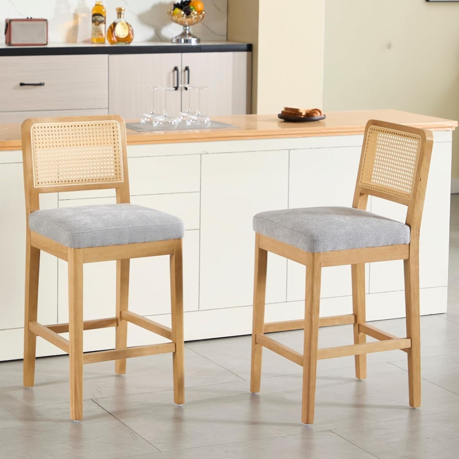 Grey Rattan Bar Stools Set of 2 Cushioned Counter Chairs Wooden Frame