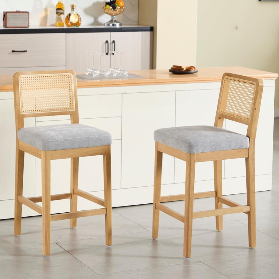 Grey Rattan Bar Stools Set of 2 Cushioned Counter Chairs Wooden Frame