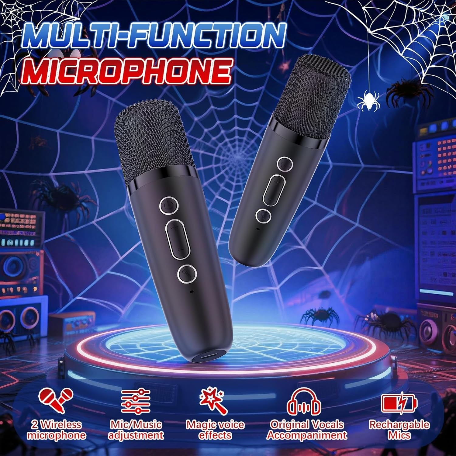 Blue Spider Karaoke Machine 2 Mics Bluetooth LED Voice Changer