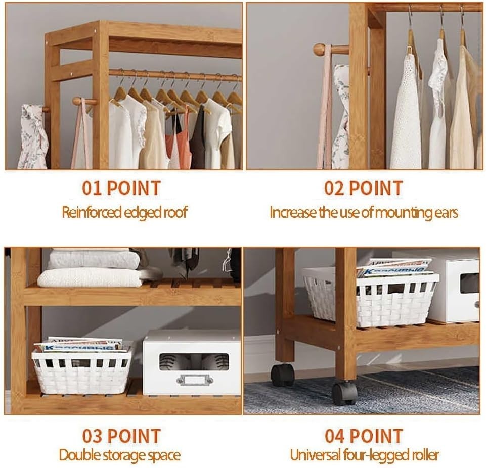 Bamboo Clothes Rack Garment Storage Trolley on Wheels