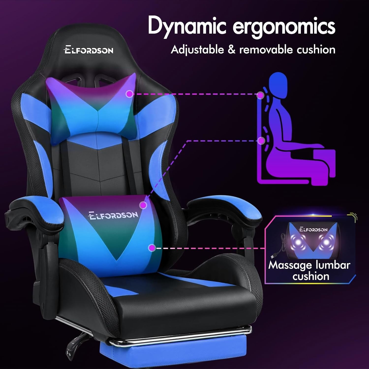 LED Gaming Chair Blue RGB Massage Recliner w/ Footrest 150° Swivel