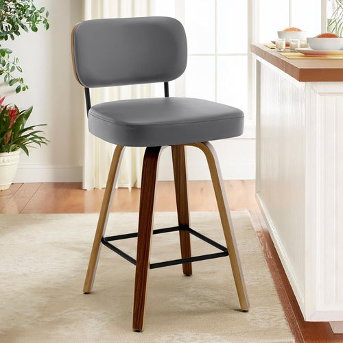Grey PU Leather Swivel Bar Stool | Wooden Frame Counter Chair with Back