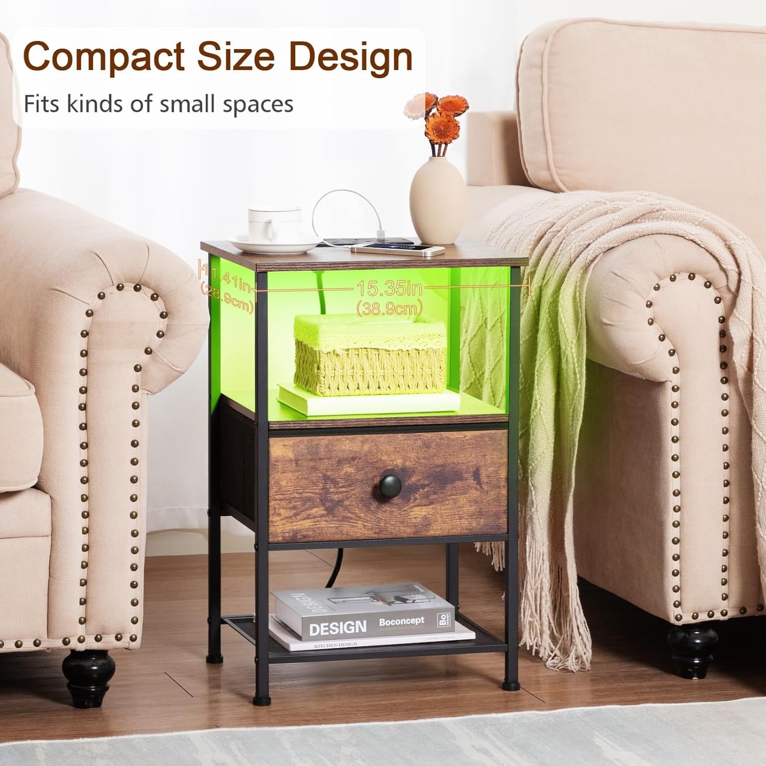 Set of 2 Rustic LED Bedside Tables with Charging Station, Fabric Drawer & Storag