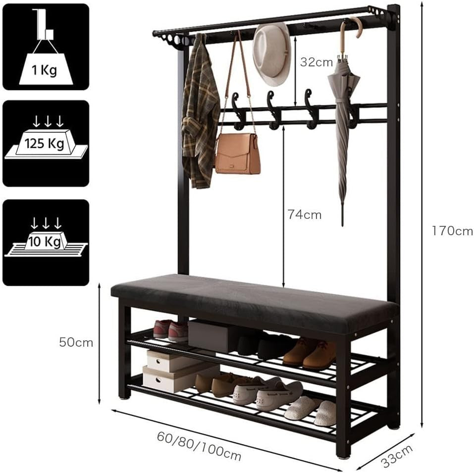 Metal Coat Rack with Shoe Bench 4-in-1 Hall Tree Entryway 100cm
