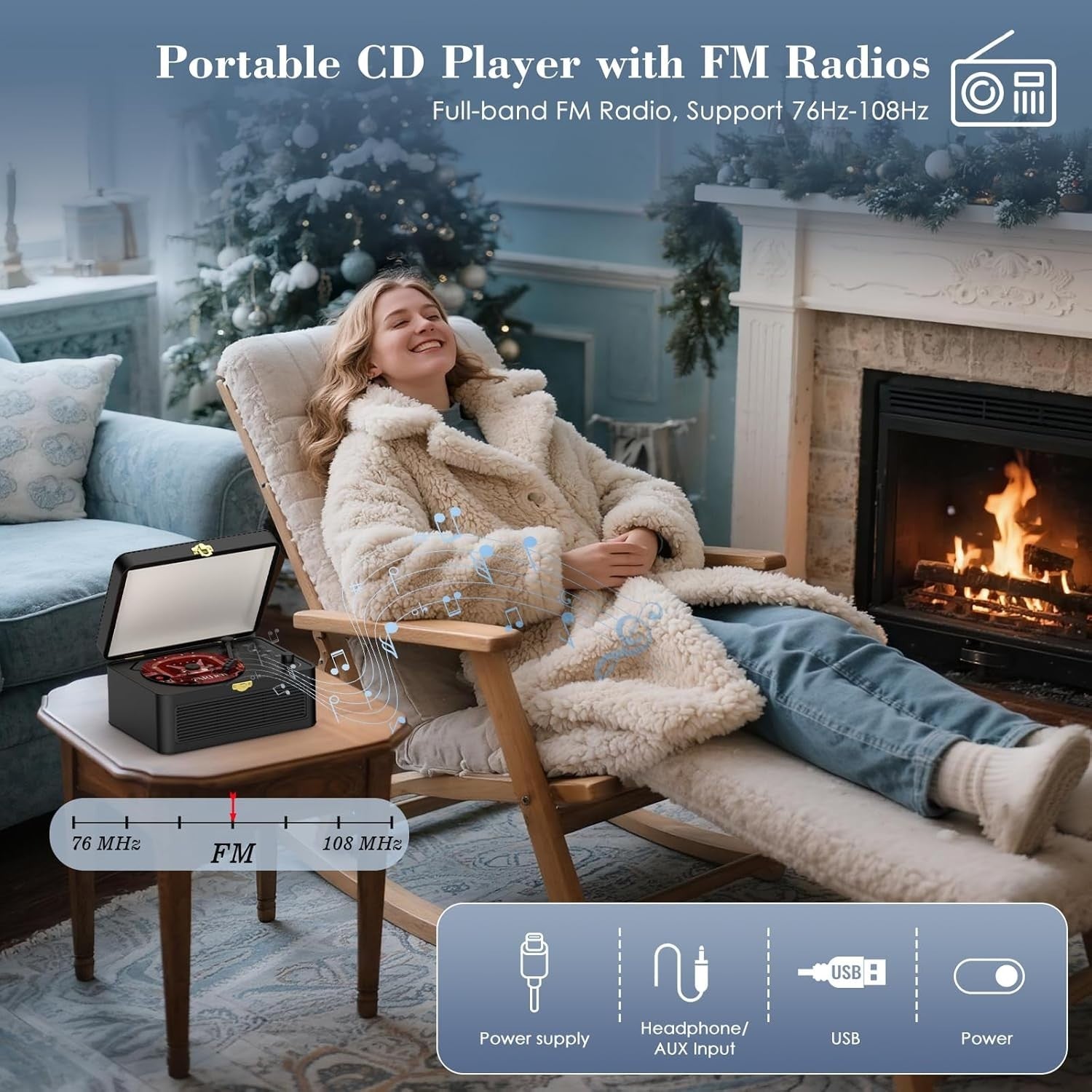 Retro Bluetooth CD Player FM Radio USB AUX HiFi Speakers Black PU