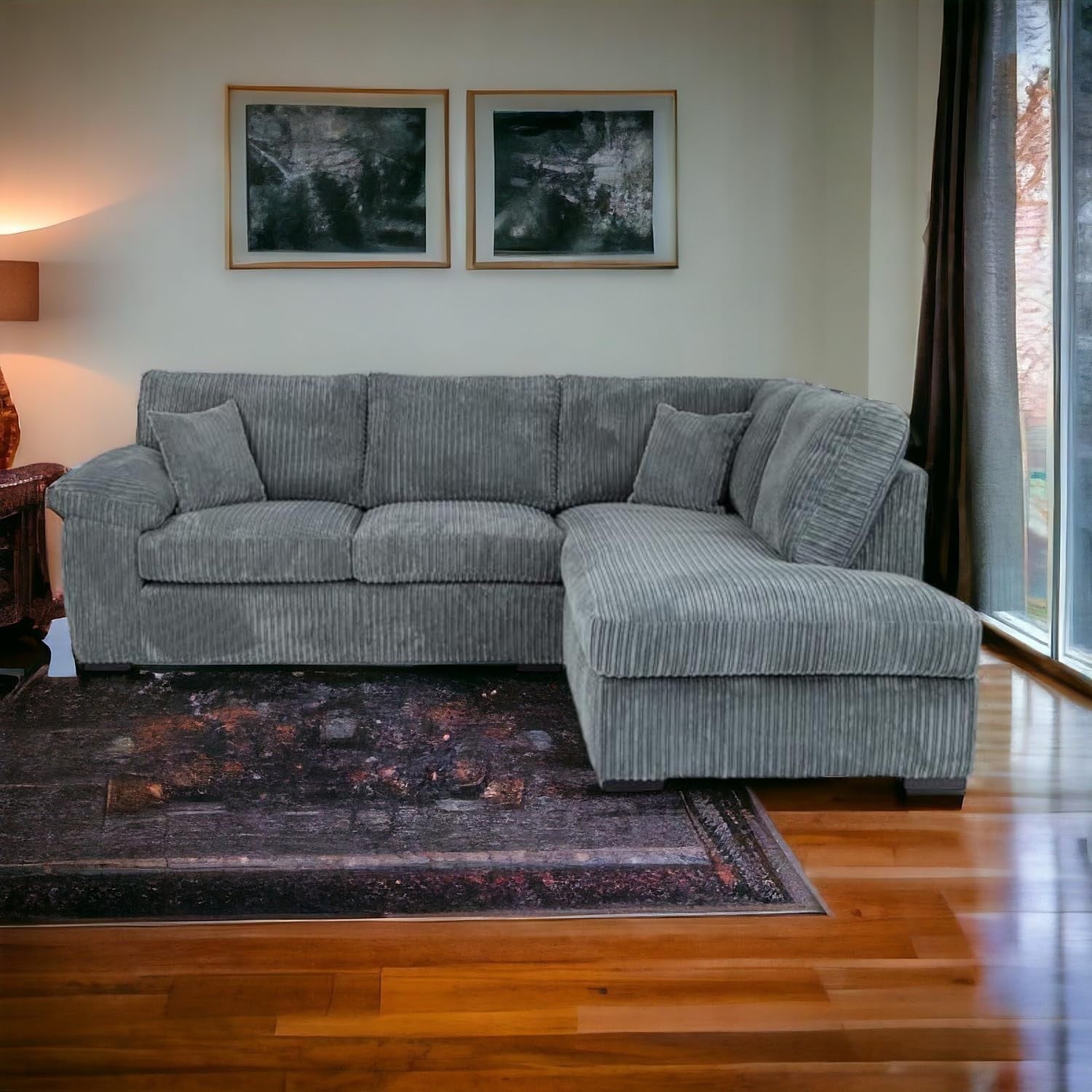 Grey Jumbo Cord L-Shape 4-Seater Corner Sofa – Stylish, Space-Saving Comfort