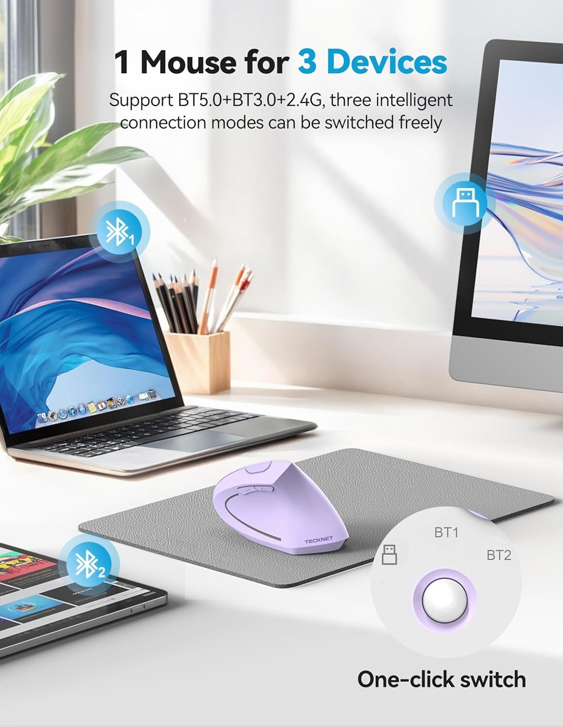 Purple Vertical Ergonomic Mouse Bluetooth Rechargeable 4800 DPI