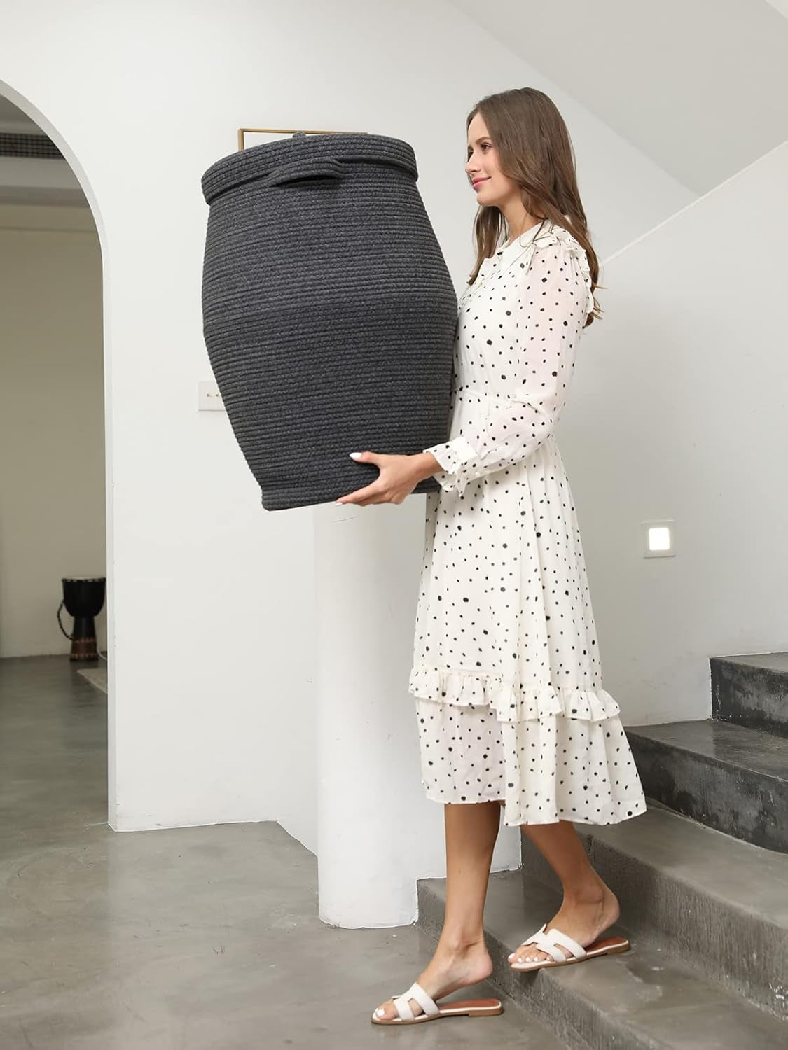 26" Tall Grey Black Cotton Rope Laundry Basket with Lid Large Woven Storage Bin