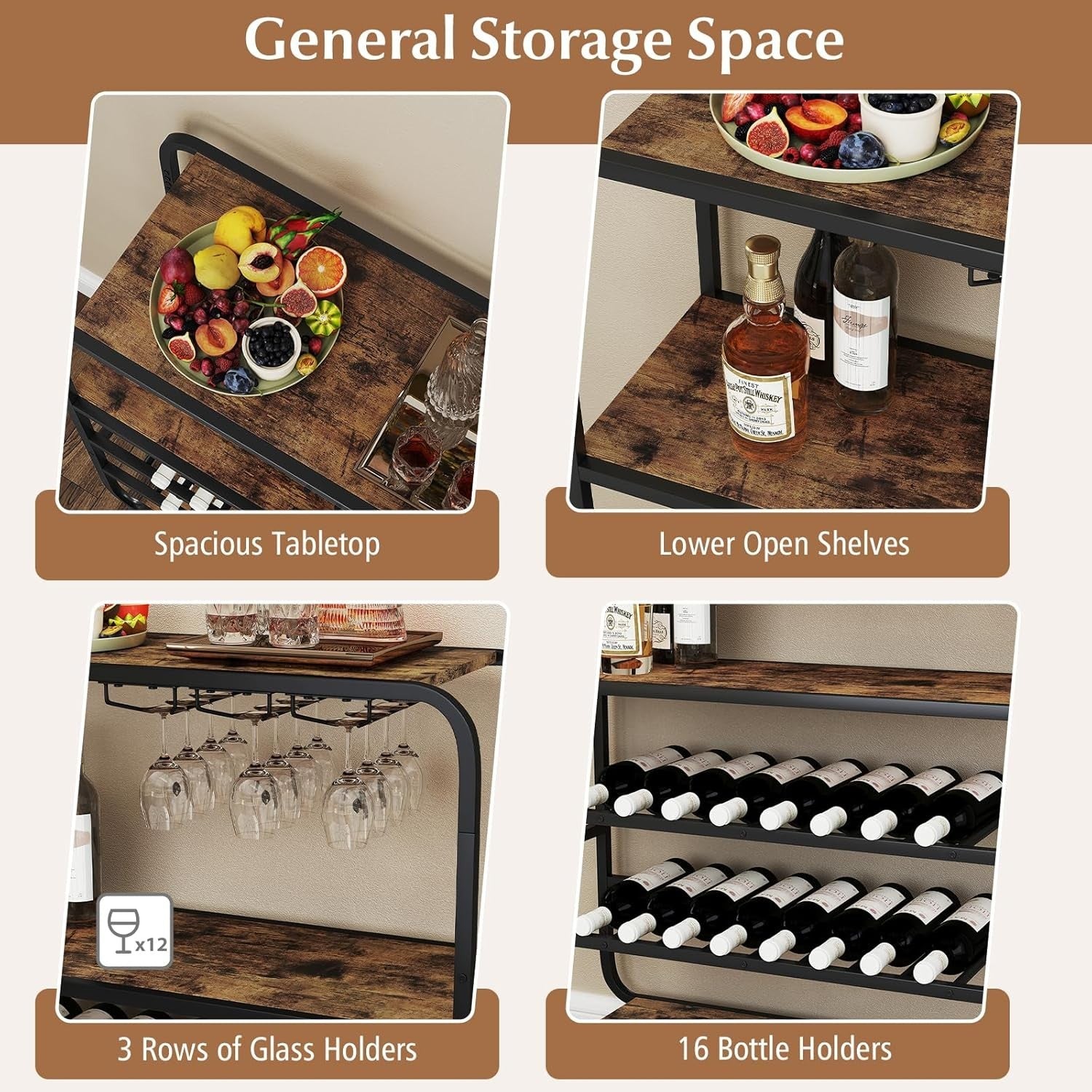 5 Tier Wine Rack Cabinet 16 Bottle Storage with Glass Holder Industrial Home Bar