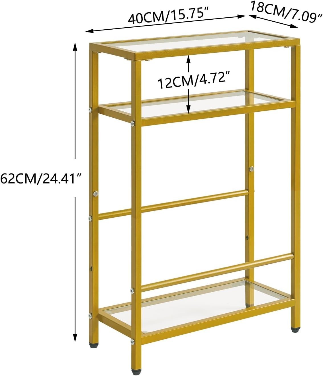 Slim Glass Side Table Gold 3 Tier Narrow End Table with Storage for Sofa Bed