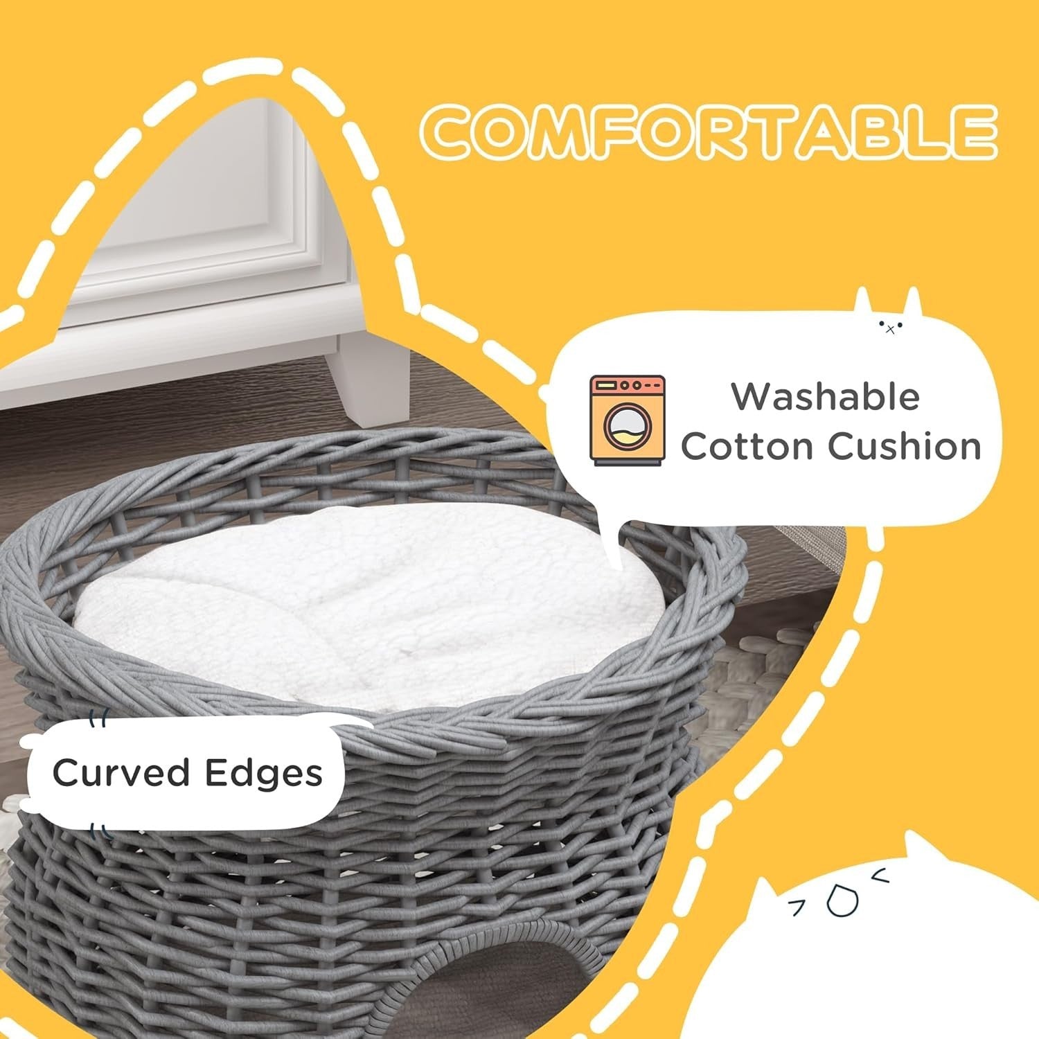 2 Tier Wicker Cat House Elevated Bed Basket Cave w Washable Cushions