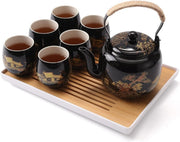 Japanese Porcelain Tea Set Black Teapot 6 Cups Tray Infuser Gold