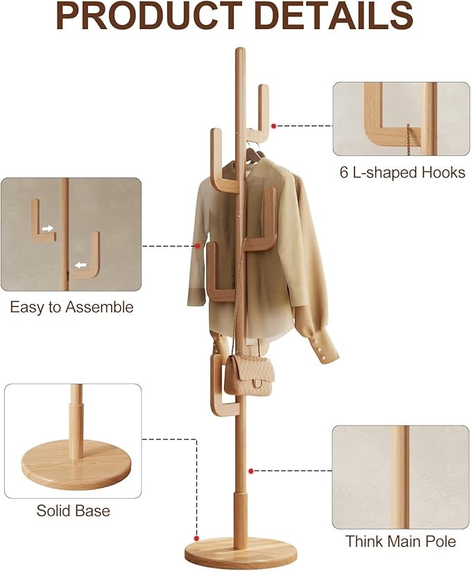 Wooden Coat Rack Stand | Cactus Design Hall Tree with 6 Hooks for Coats & Hats