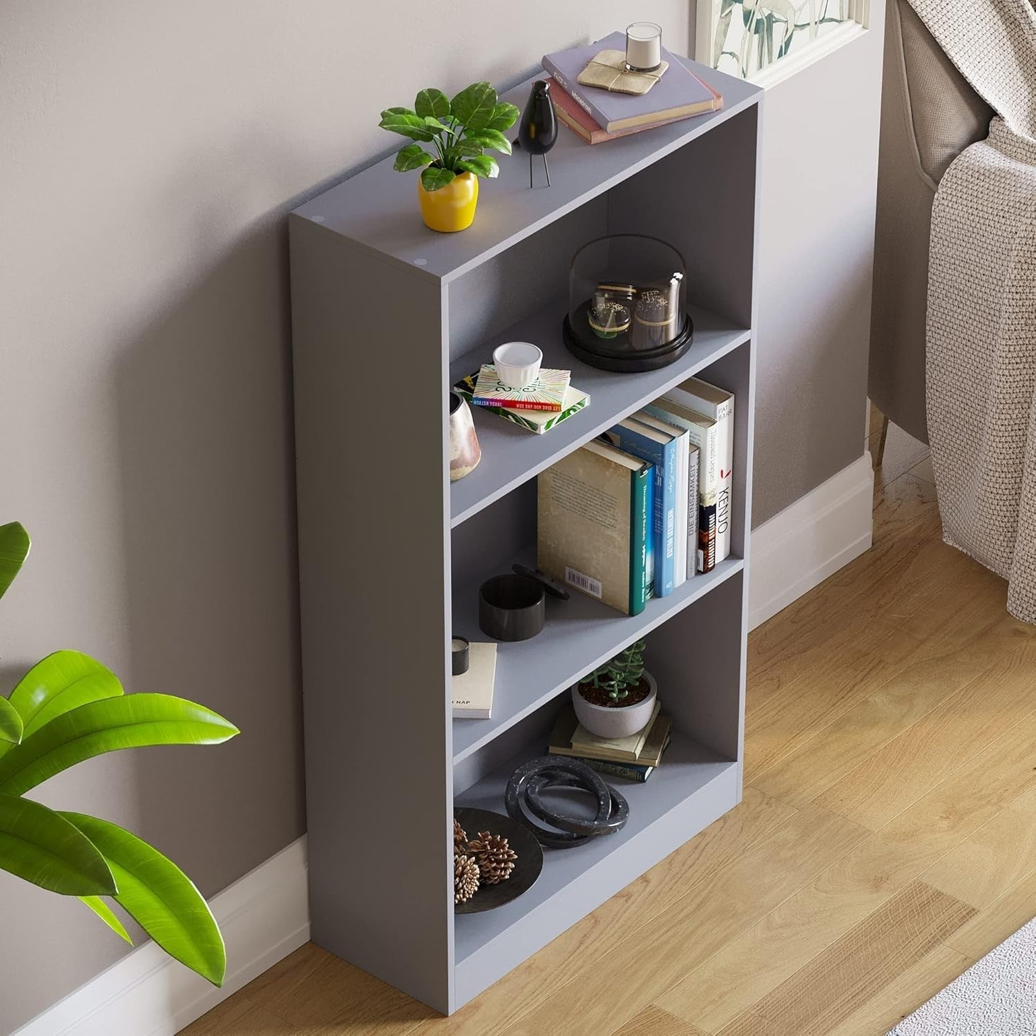 3 Tier Grey Wooden Bookcase Modern Storage Display Shelf for Living Room Medium