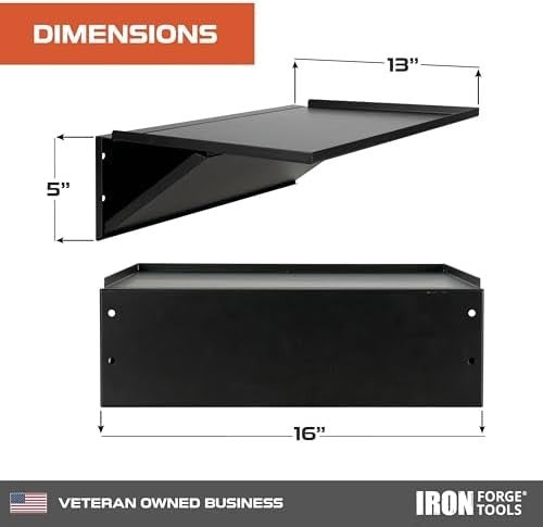 16x12in Wall-Mount Toolbox Tray Folding Shelf Black Powder-Coated Steel