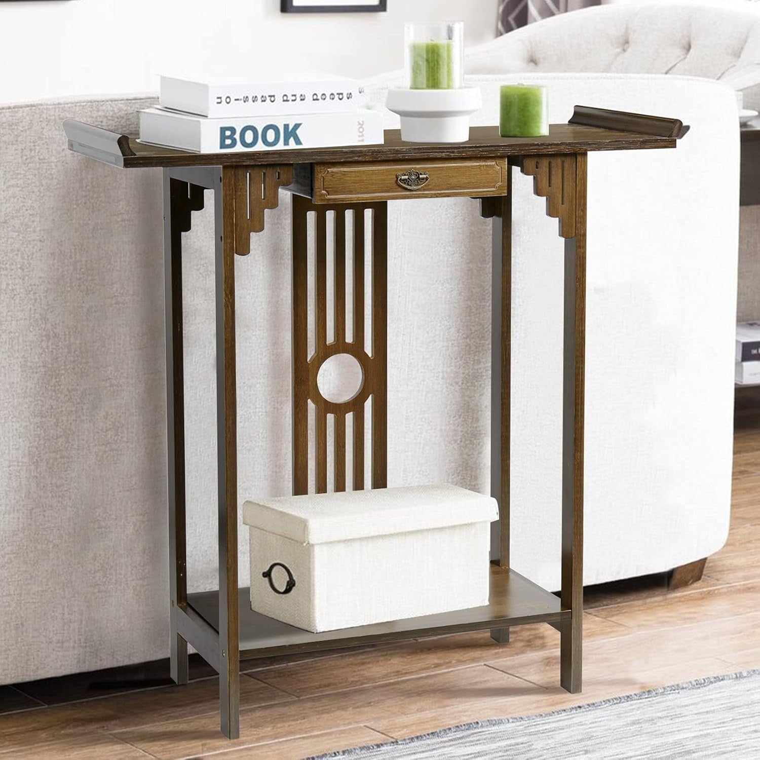 Narrow Entryway Console Table 2 Tier Bamboo Shelf 81.5x31.2x82.8 cm