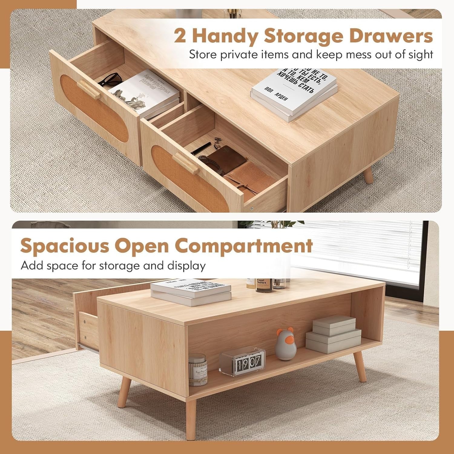 Wooden Coffee Table with 2 Rattan Drawers Storage & Solid Wood Legs 100x50x41cm