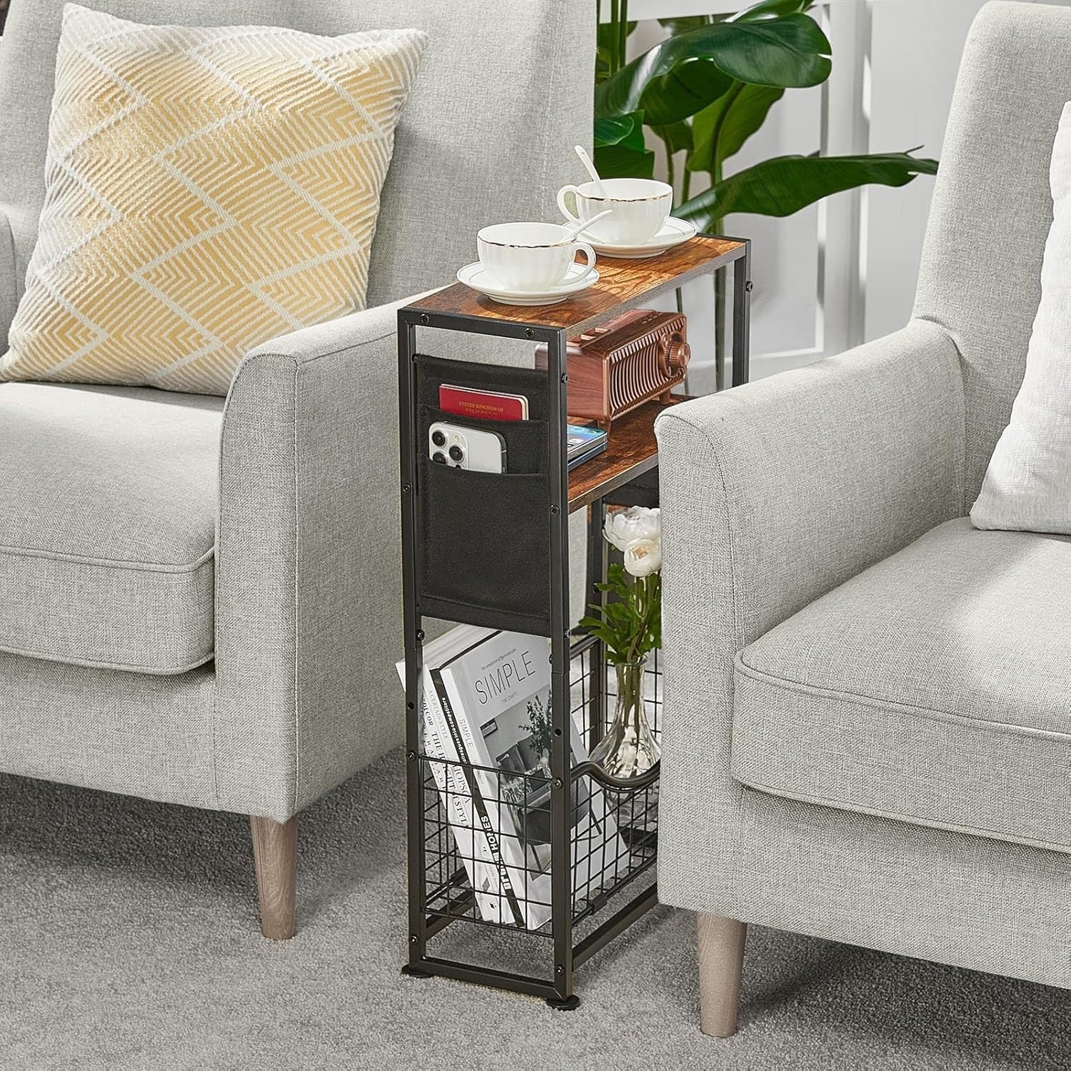 3-Tier Narrow Side Table 30x30x50 cm | Slim End Table w/ Magazine & Fabric Stora