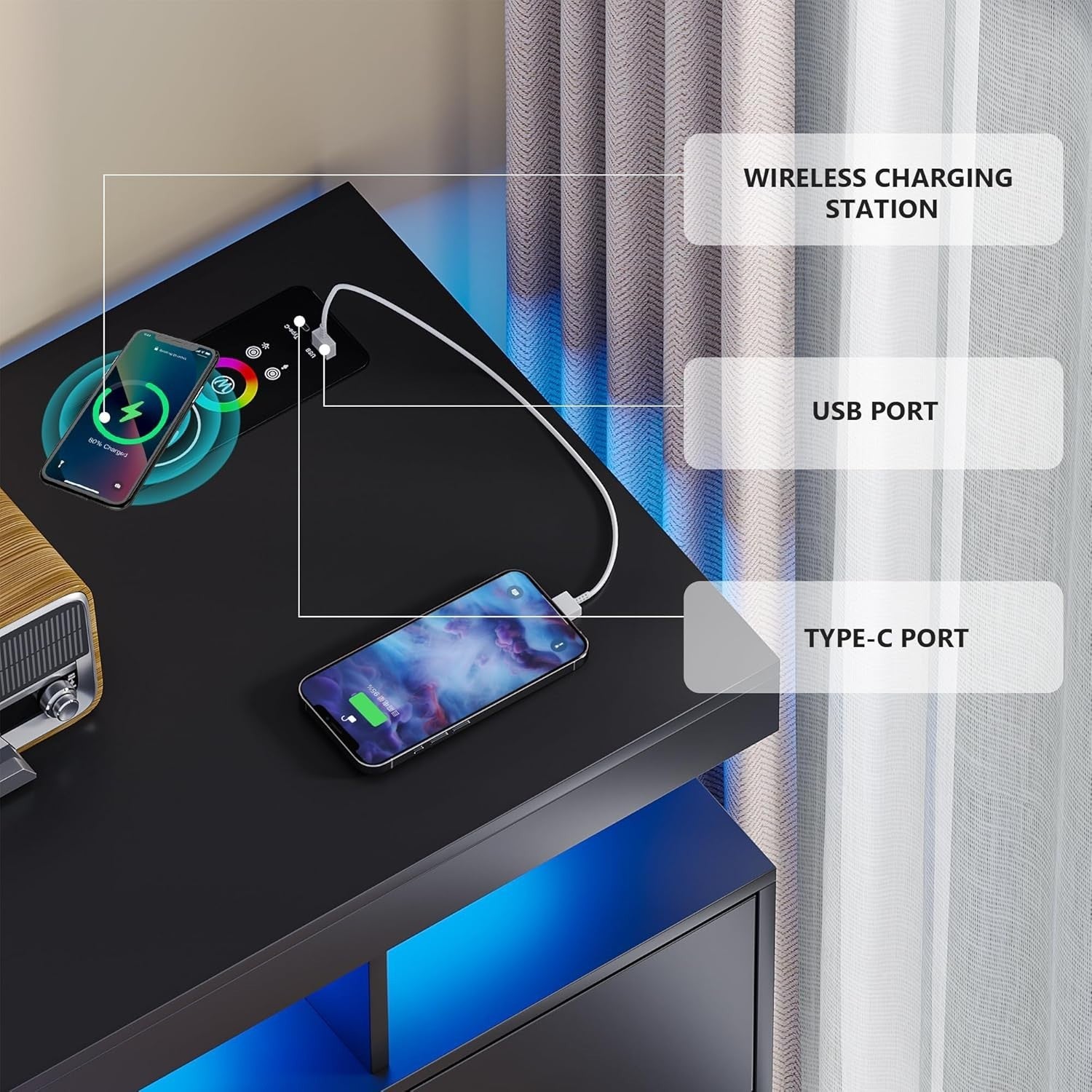 LED Sideboard Buffet with Wireless Charging, RGB Lights & USB Storage