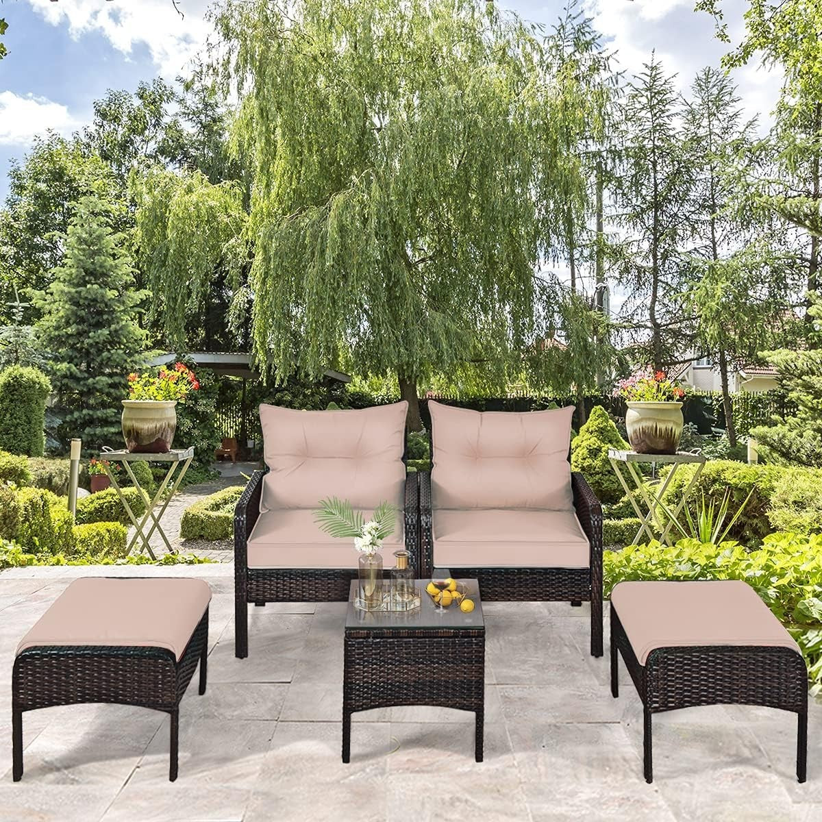 Outdoor Brown+Tan Rattan Garden Furniture Set 4-Seater Cushioned Sofa Set