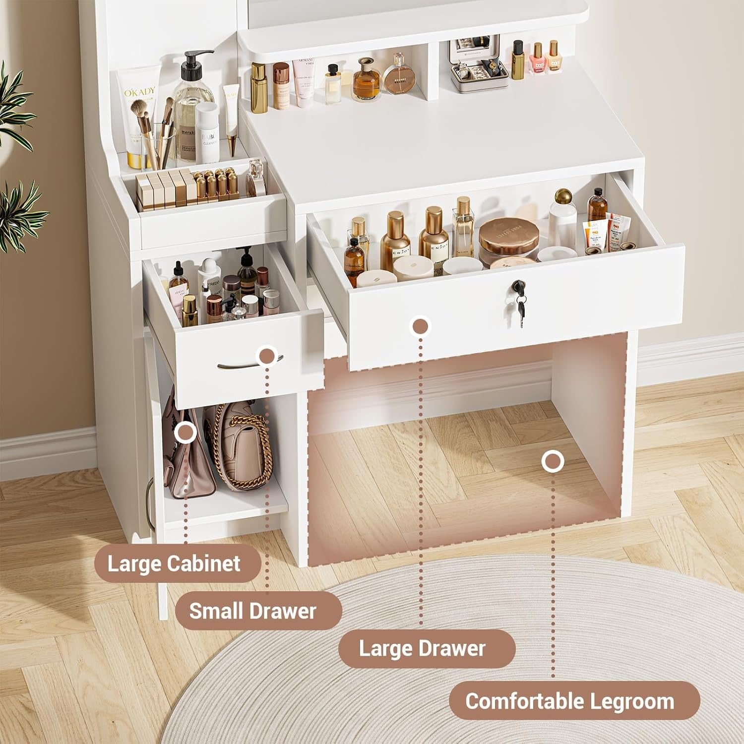 Modern Dressing Table Vanity Desk with Stool Makeup Storage Drawers & Lockable C