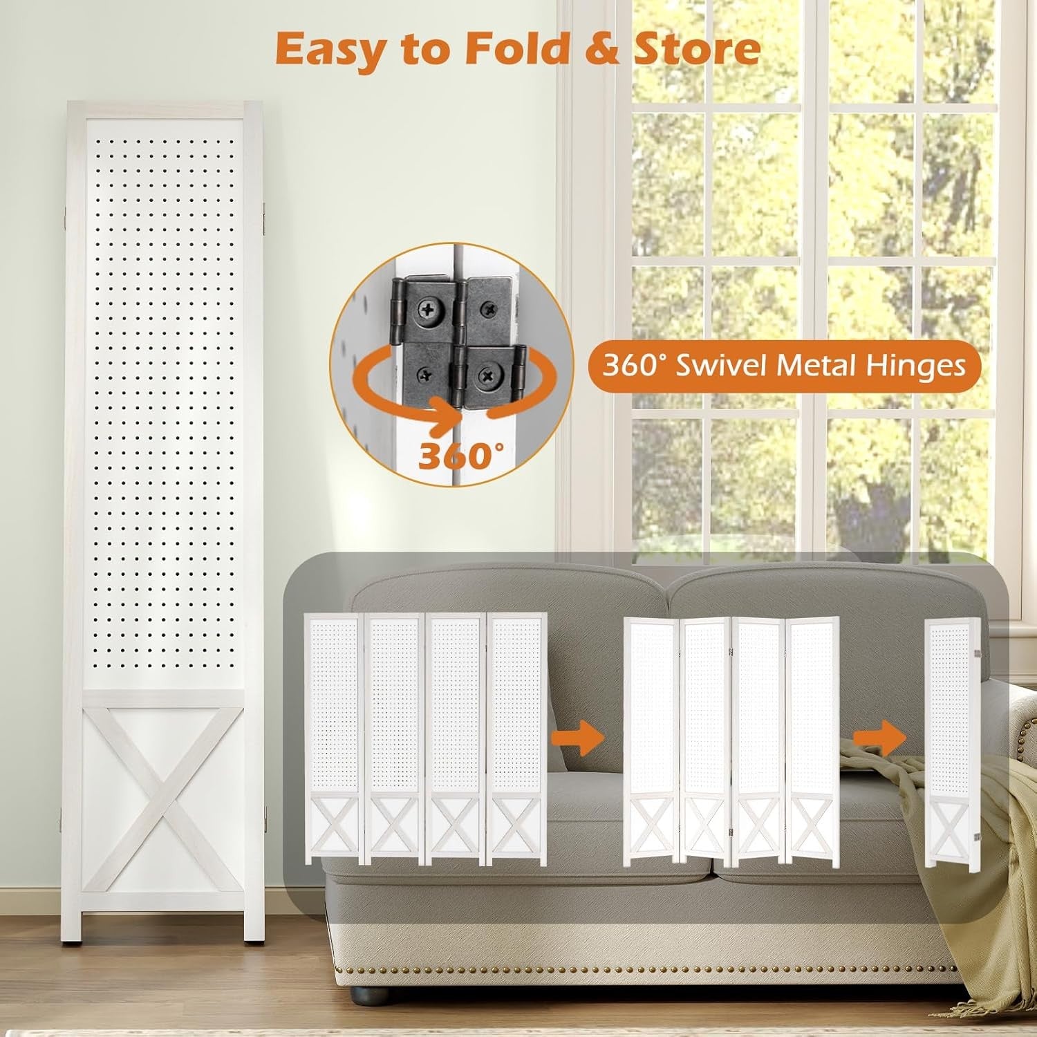 4 Panel White Wooden Folding Room Divider with Pegboard Display 162x170cm