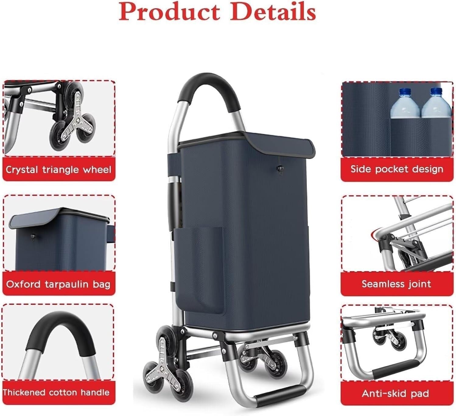 Foldable 6-Wheel Stair Climber Tool Trolley 36L Lightweight 50kg Navy Blue