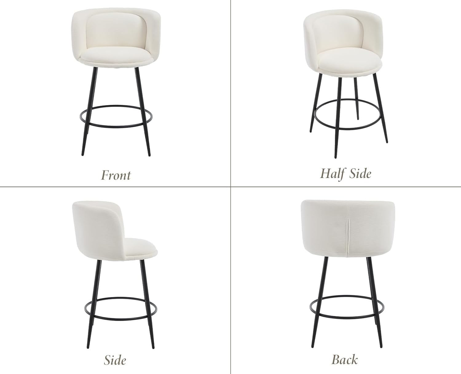 Counter Bar Stools Set of 2 | White Chenille L-Shaped Dining Chairs