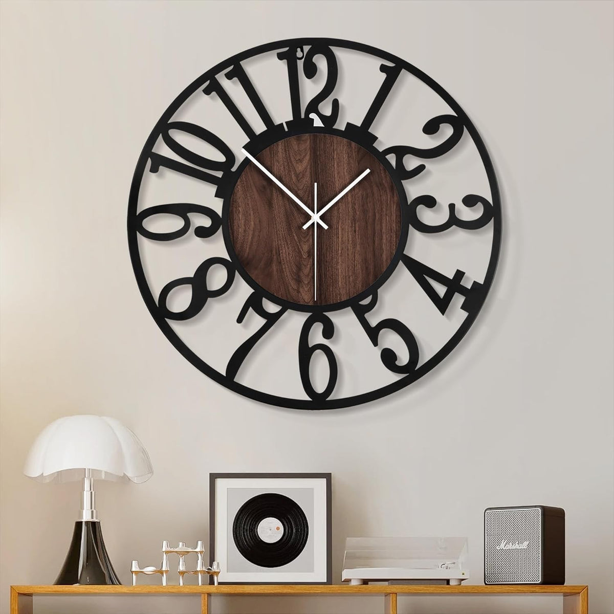 20" Large Wall Clock Retro Wood & Metal Silent Arabic Numerals Modern Decor