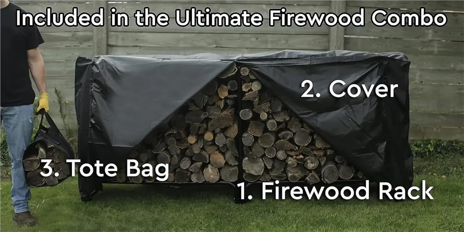 8ft Heavy Duty Log Rack & Cover Set – Waterproof Firewood Holder Outdoor