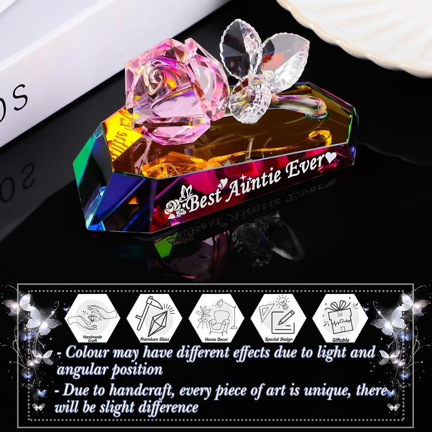 Crystal Rose Ornament “Best Auntie Ever” Gift – Multicolour K9 Glass Keepsake