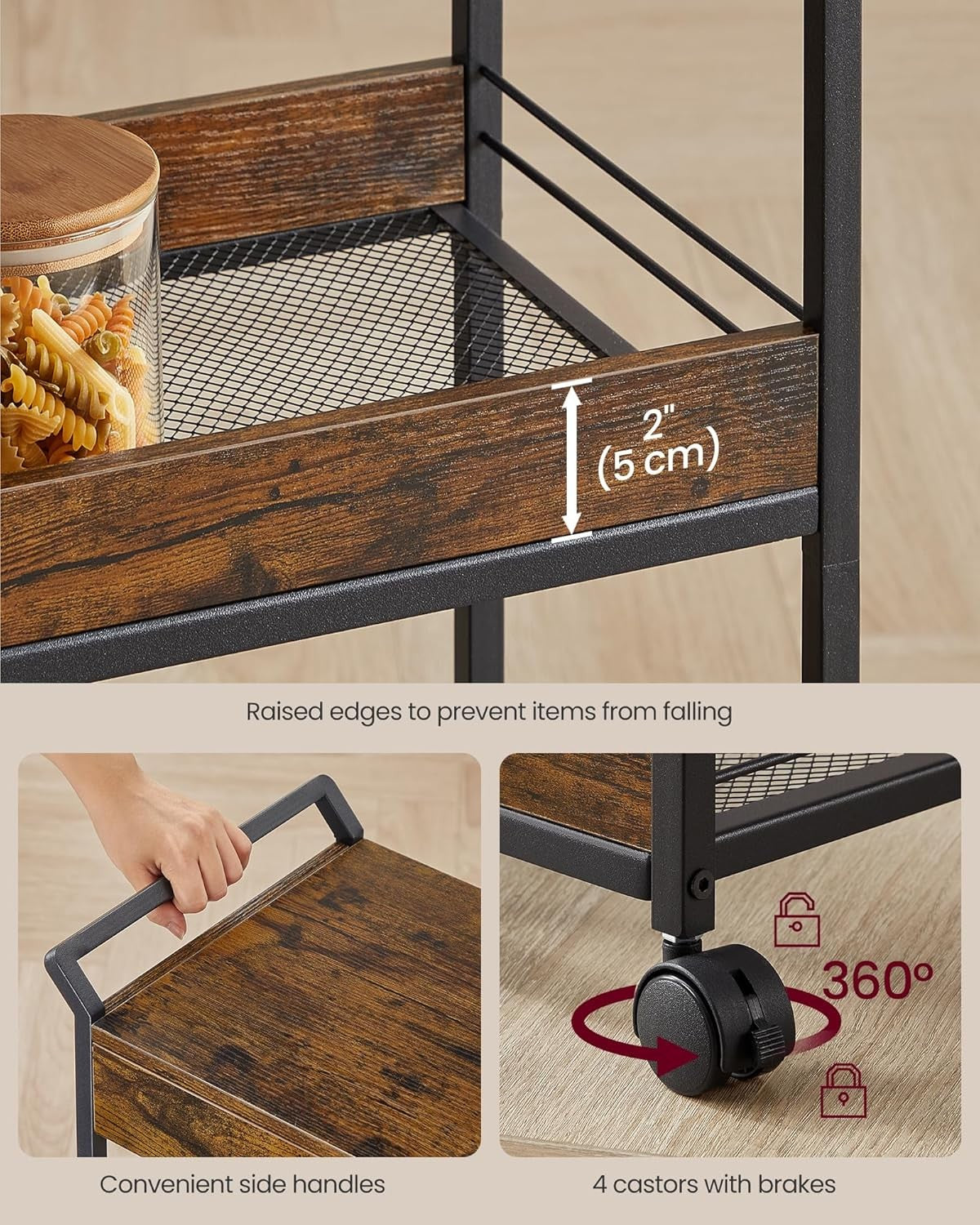 4 Tier Storage Trolley Rolling Cart with Drawer Table Top Mesh Shelves Wheels