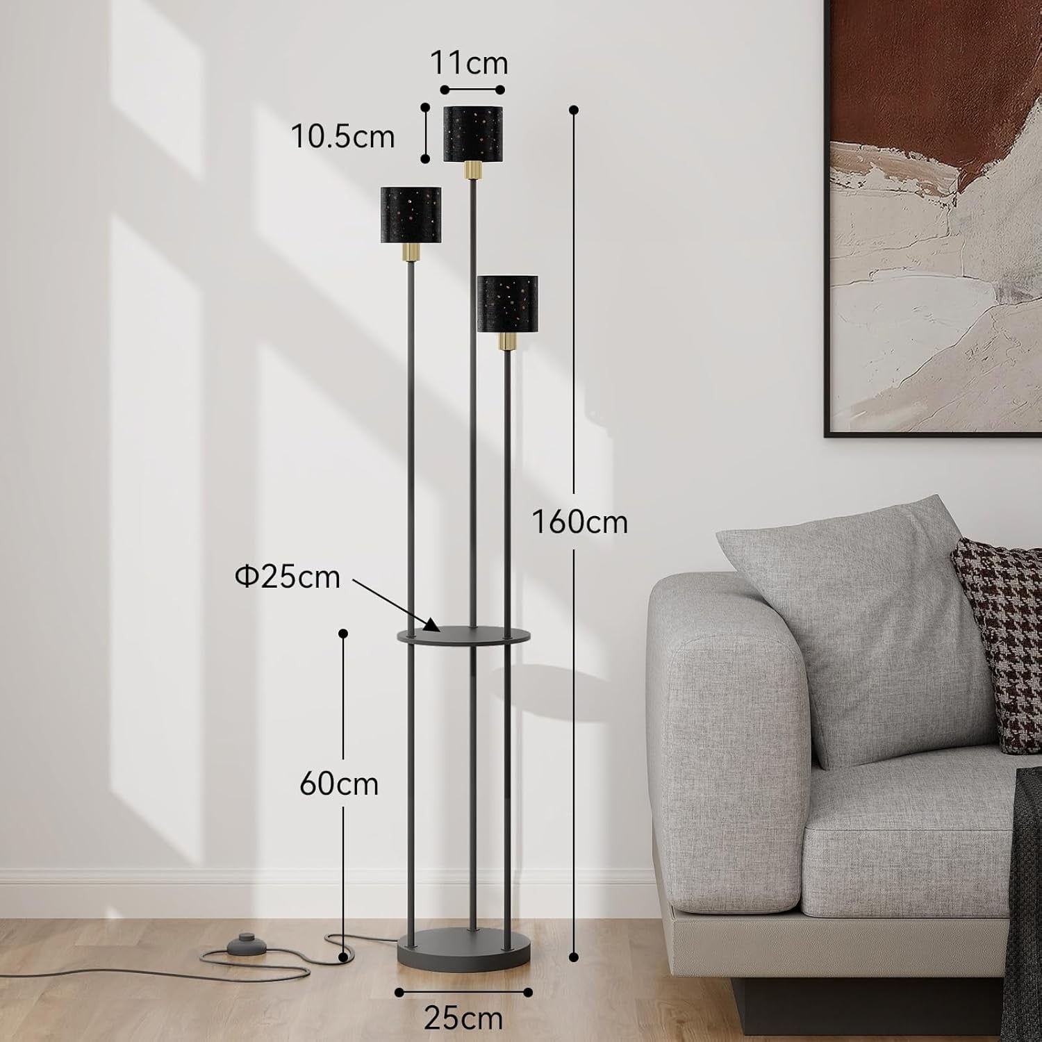 3 Light Floor Lamp with Shelves Tall Standing Lamp Modern Living Room