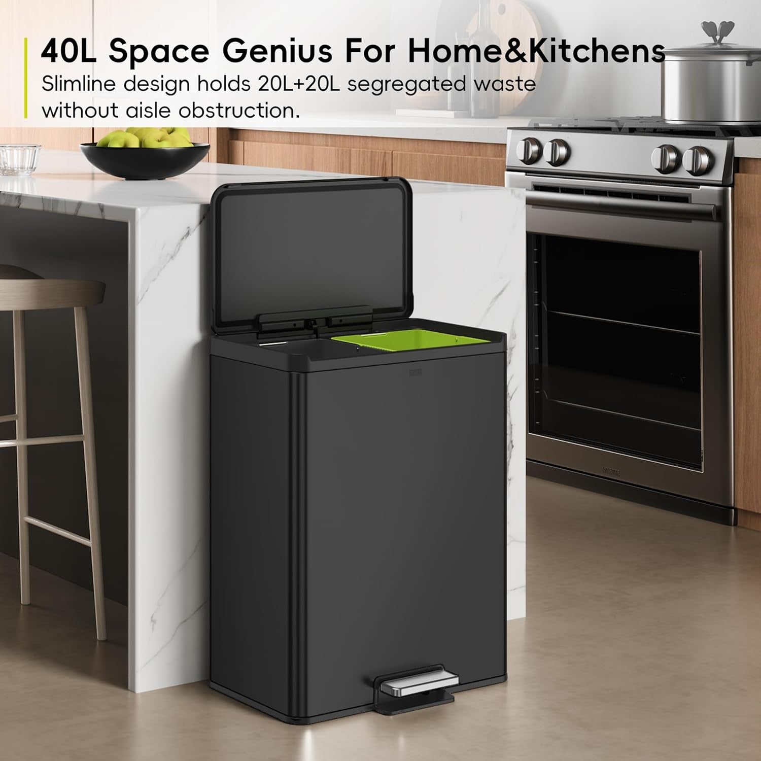60L Dual Recycling Kitchen Bin 30L+30L Matt Black