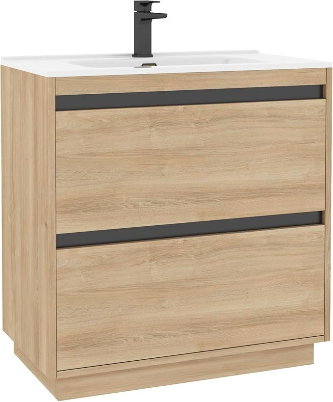 800mm Oak Floor Standing Vanity Unit with Basin Sink 2 Drawer Bathroom Cabinet