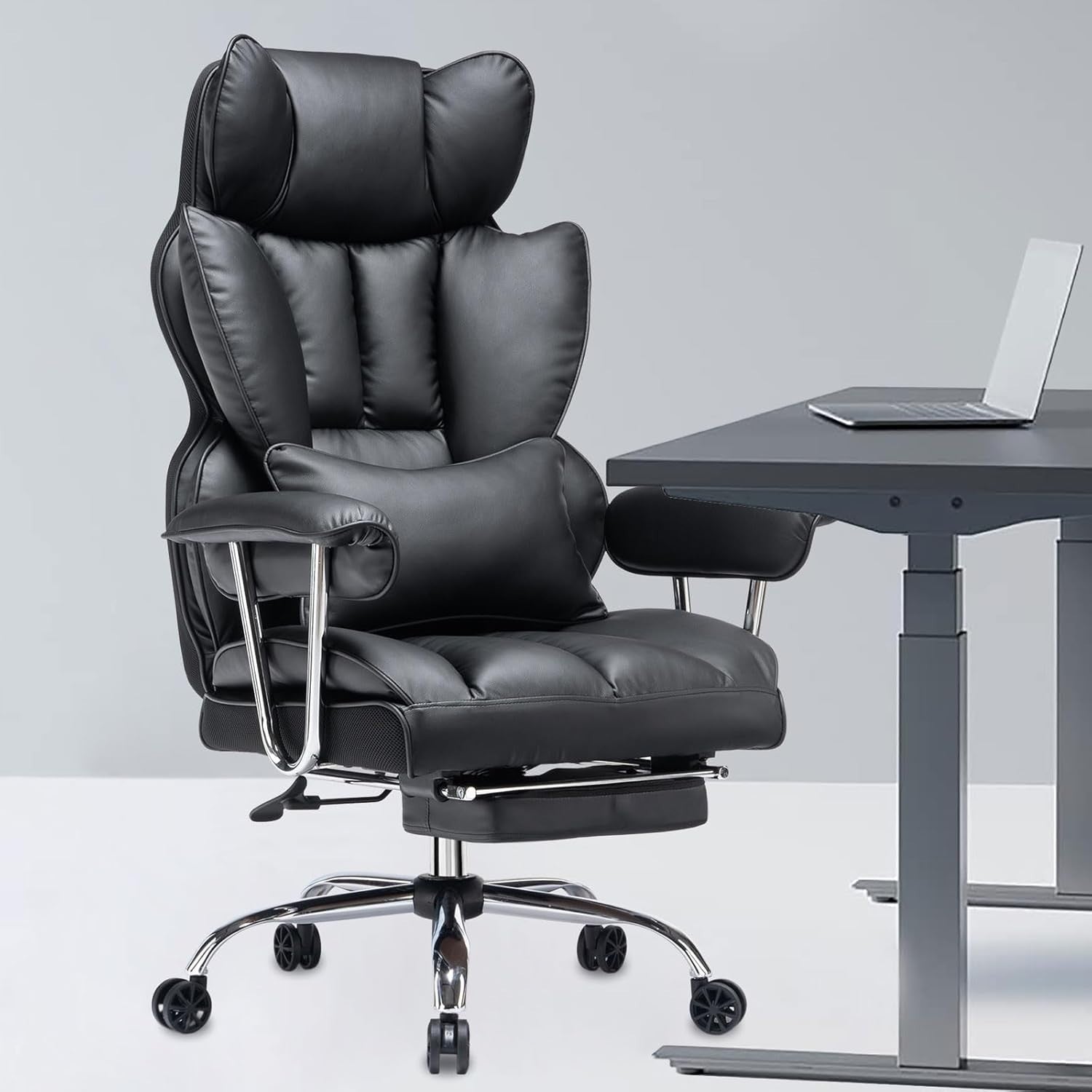 Executive Office Chair Big & Tall Faux Leather Desk Seat Lumbar Foot Rest UK Bla