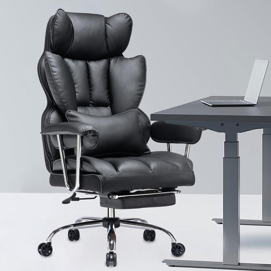 Executive Office Chair Big & Tall Faux Leather Desk Seat Lumbar Foot Rest UK Bla