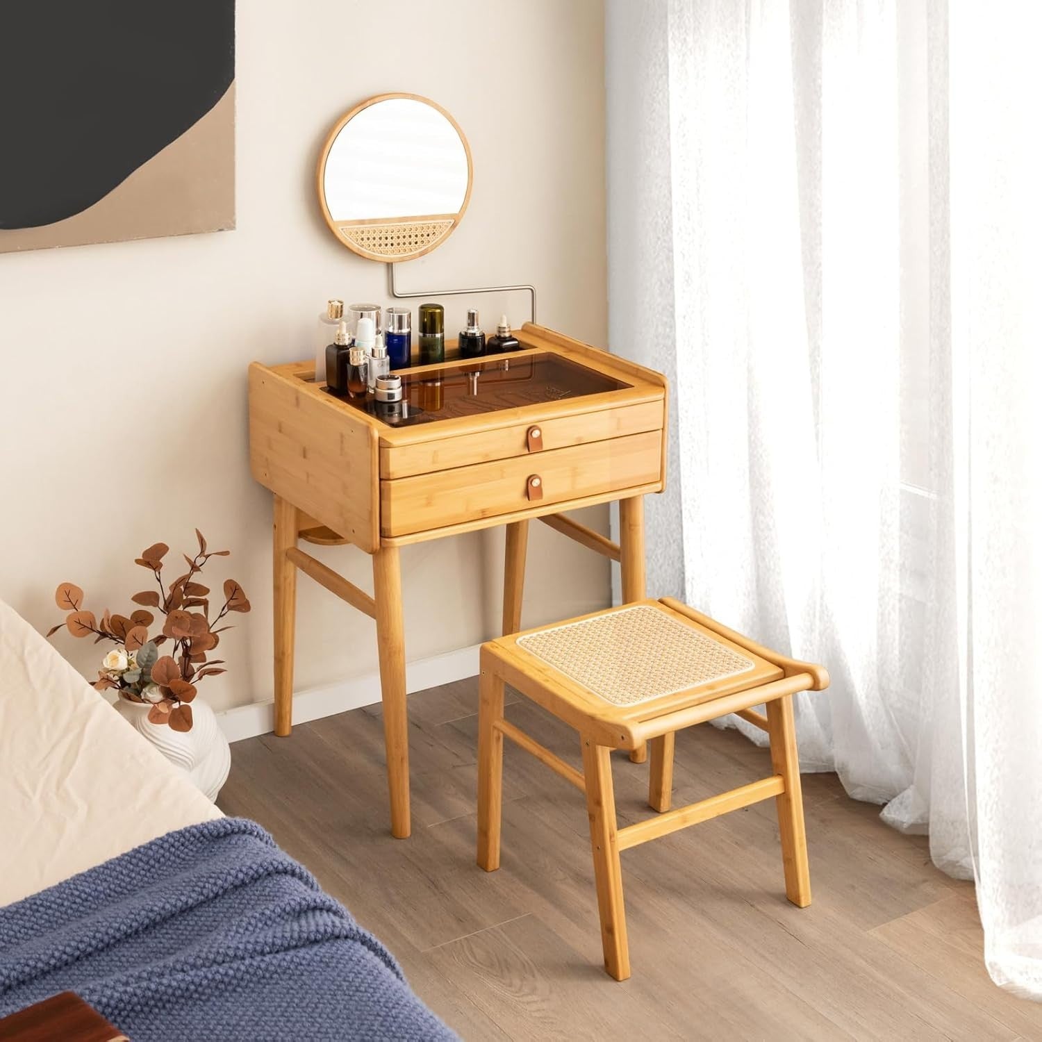 Natural Bamboo Vanity Stool Rattan Top Footrest Dressing Table Seat 38×40×43cm