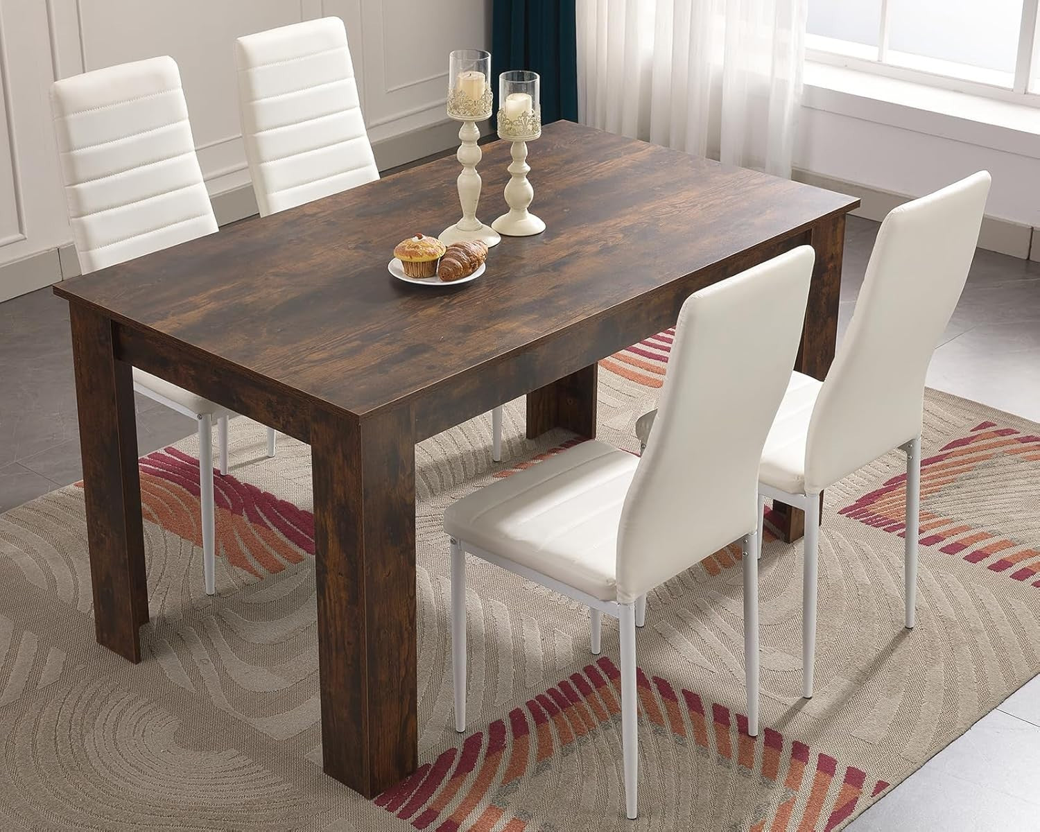 Modern Dining Table Set 4 PU Chairs Rustic Wood Look 112x80cm Kitchen