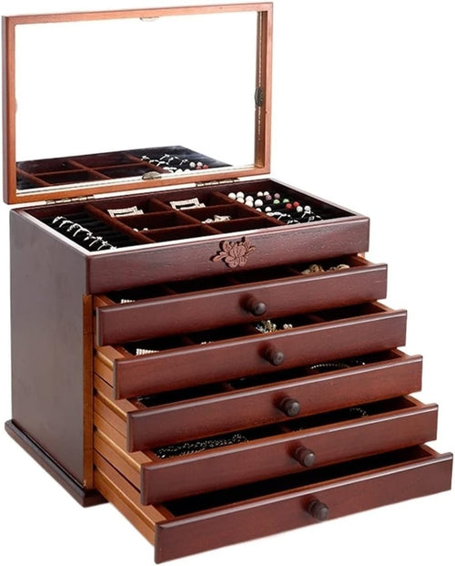Lockable Wooden Jewelry Armoire 5 Drawer Organizer Velvet Lined Storage