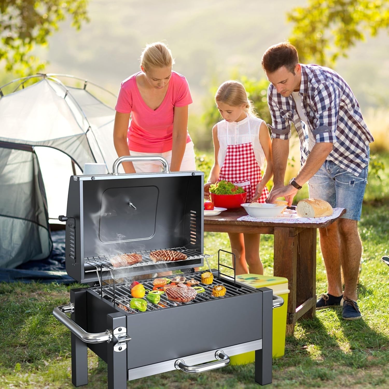 Portable Charcoal BBQ Grill with Warming Rack & Thermometer | Foldable Tabletop